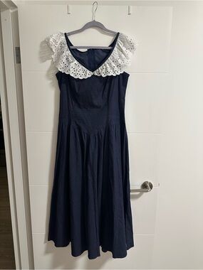 Circle T by Marilyn Lenox Vintage Drop Waist Eyelet Lace Collar Midi Dress